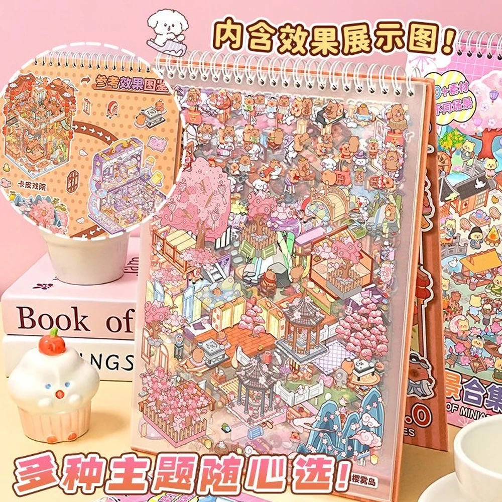 New! Plus Size 6/12 Scene Cartoon 3D Landscape Sticker Book 2.5D Diy Cabin Scene Sticker Festival Birthday Gift to Girl Kid