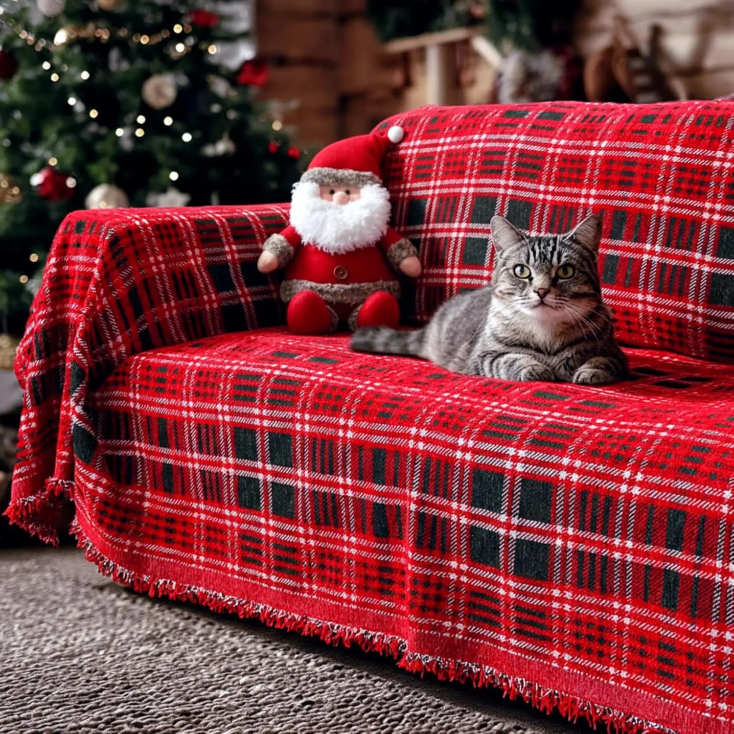 

Christmas Couch Cover 71"x 118"Green and Red Plaid Sofa Covers for 3 Cushion Couch Covers with Tassel Farmhouse Protector