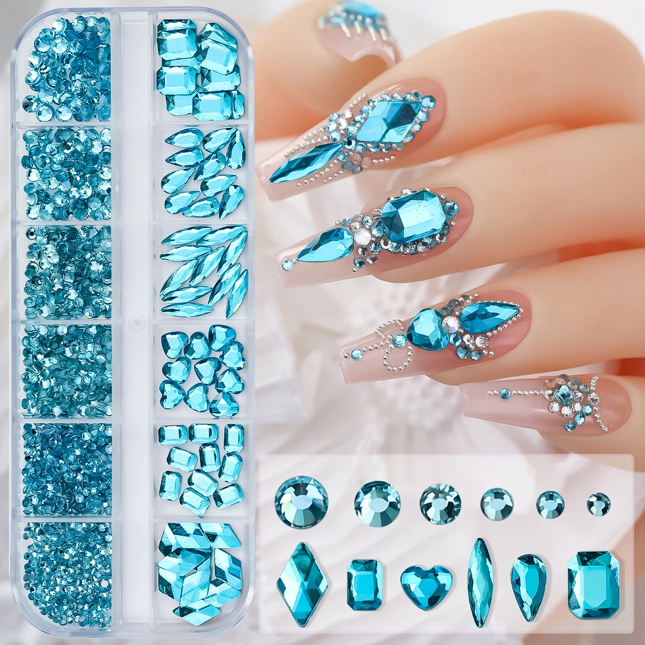 12Grid Lake Blue Crystal Nail Art Rhinestones Flatback Non-hotfix Diamond Gem Luxury Glass Stones Nail Charm Manicure Decoration