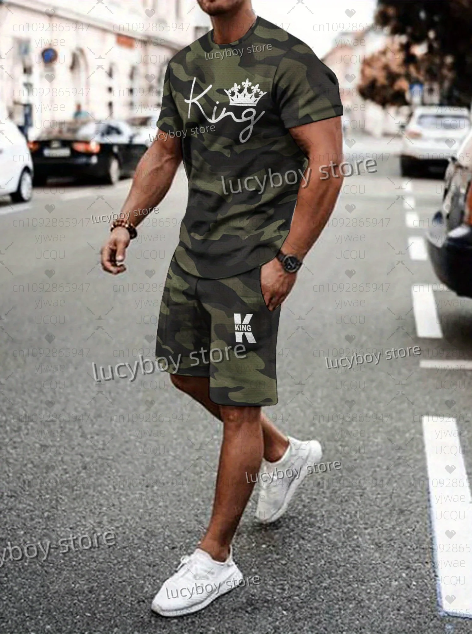 Summer Men 3D Camouflage KING  Print Set Short Sleeve T-Shirt Shorts Set Adult Sport Jogging Plus Size Tracksuit 2 Piece Set