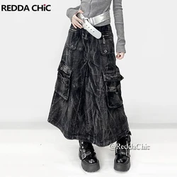 REDDACHiC Eyelets Pocket Midi Long Women Cargo Skirt Distressed Retro Tie Dye Pleat High Waist Denim Skirt Acubi Fashion Clothes