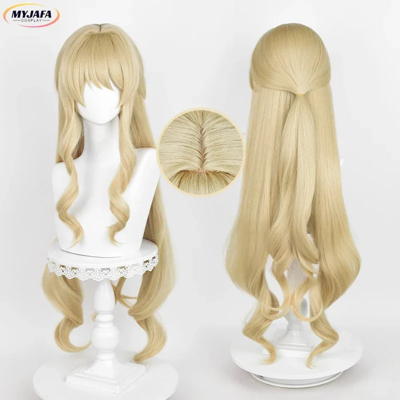 zz04zz12Navia Cosplay Game Fontaine Navia Long Linen Gold Curly Heat Resistant Synthetic Hair Role Play Wigs + Wig Cap