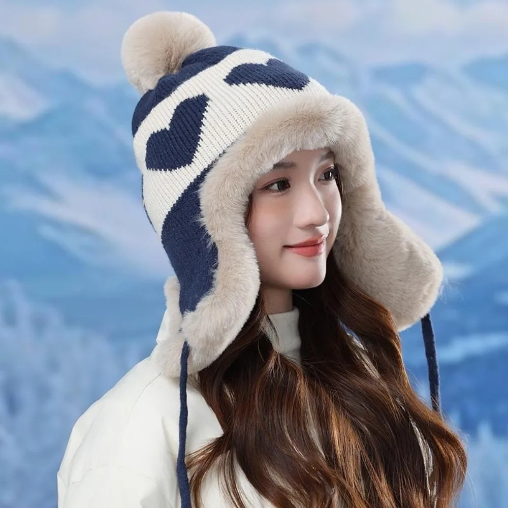 Уютная утолщенная вязаная шерстяная шапка с помпонами, защитная шапка для ушей с принтом «Любовь», защитная шапка для ушей, уличная зимняя шапка