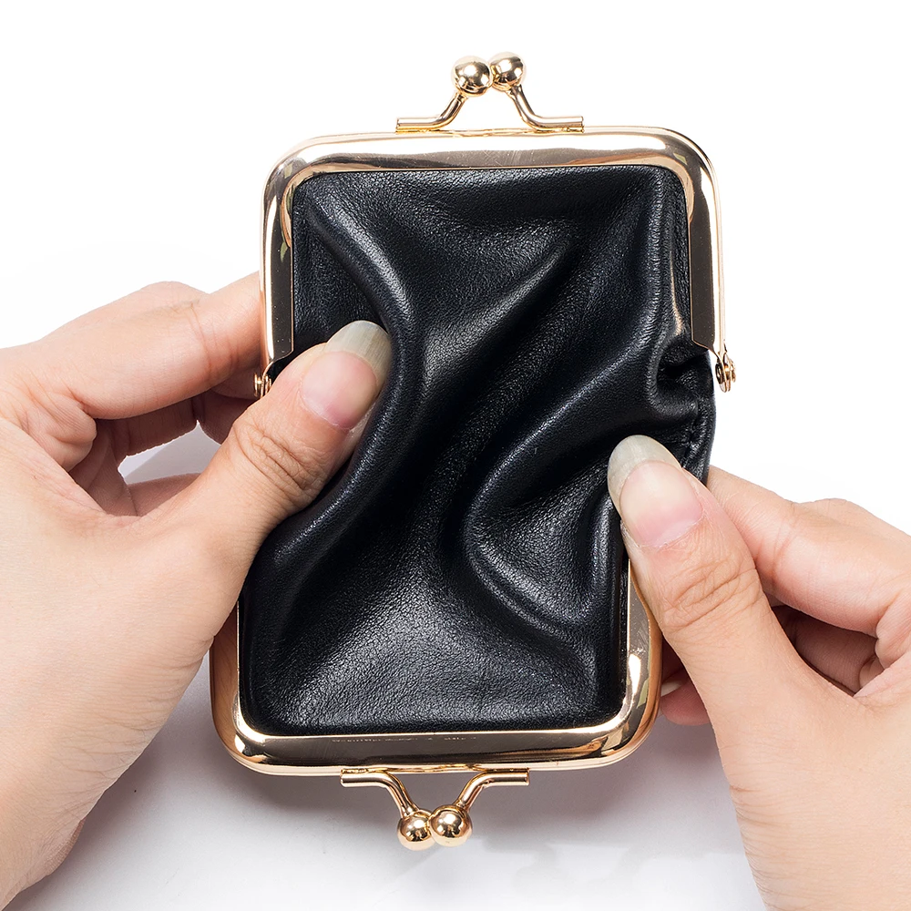 Genuine Leather Clutch Bag for Women Double Kiss Lock Wallet Retro Coin Purse Coin Organizer Cute Purse Oil Wax Leather Wallet