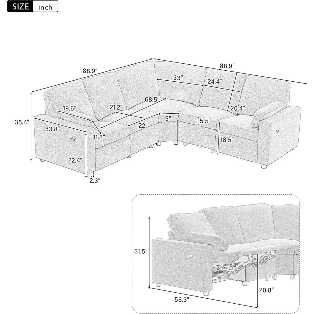 Canapé d'Angle Inclinable en Lin 89 avec 2 Ports USB et 2 Ports de Rangement, Accessoire de Salon