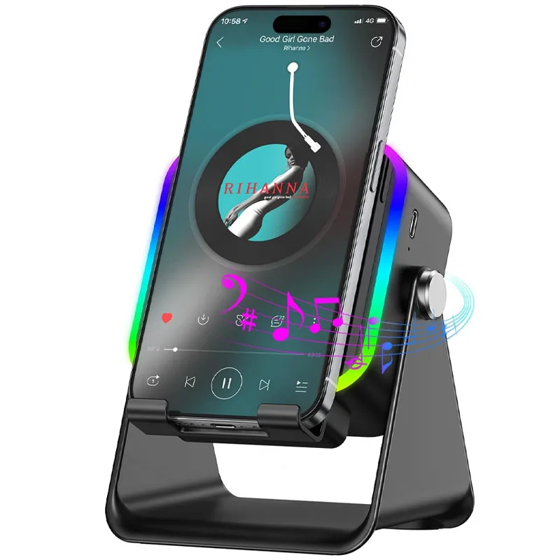 

Wireless Induction Speaker 5-in-1 Bluetooth Speaker with Phone Stand Stereo SoundRGB Ambient Light Adjustable Phone Holder