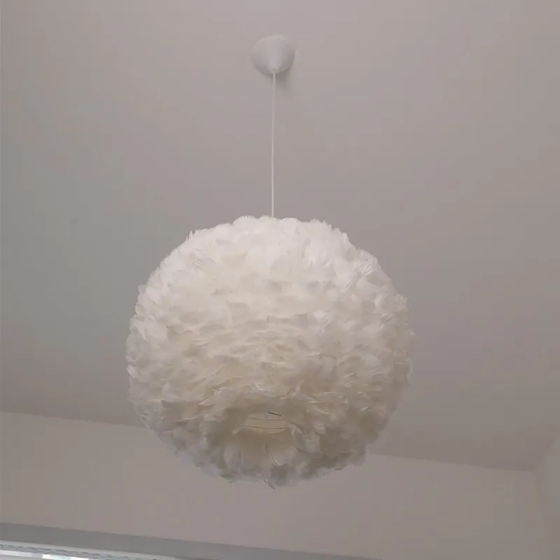 Creative Rotundity White Feather Pendant Lights Nordic Living Room Bedroom Ceiling Chandelier Restaurant Atmosphere Hanging Lamp