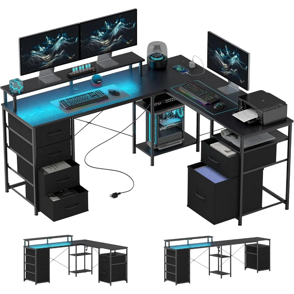 

66" L Shaped Gaming Desk, Reversible, 105" 2 Person Computer Desk with File Cabinet and Fabric Drawers, Power Outlets and LED L