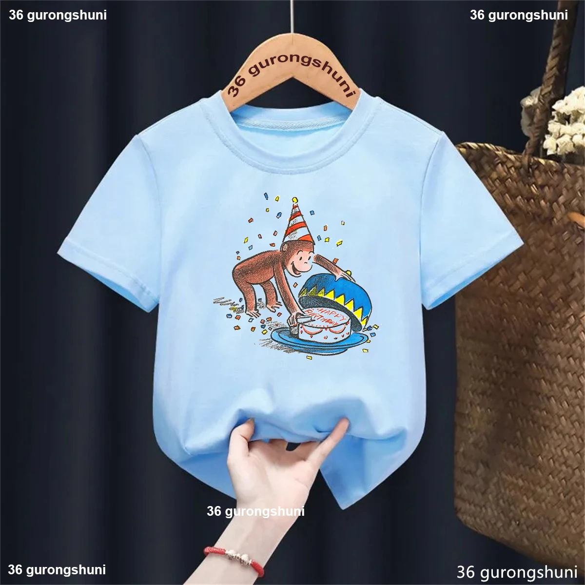 New Birthday Party For Curious George Cartoon Printed Blue T Shirt Girls/Boys Balloon Kawaii Kids Clothes Summer Tops T-Shirt