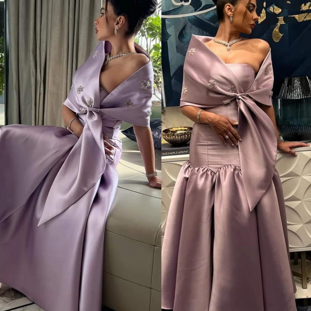 فستان سهرة بسيط مخصص من الساتان بدون حمالات مكشوفة الكتف بدون أكمام فستان حفلة موسيقية مزين بفساتين مناسبة خاصة رسمية