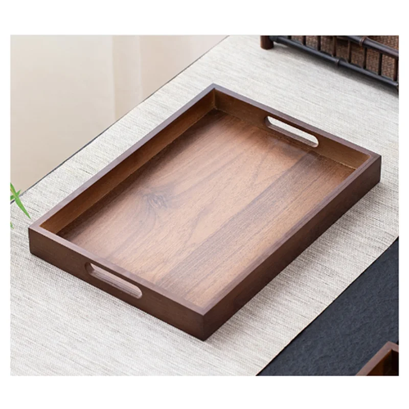 B08B-Tea Tray Display Plate Bamboo Wood Large Size Rectangular Walnut Color Cup Storage Handle For Home Use Japanese Tea Set