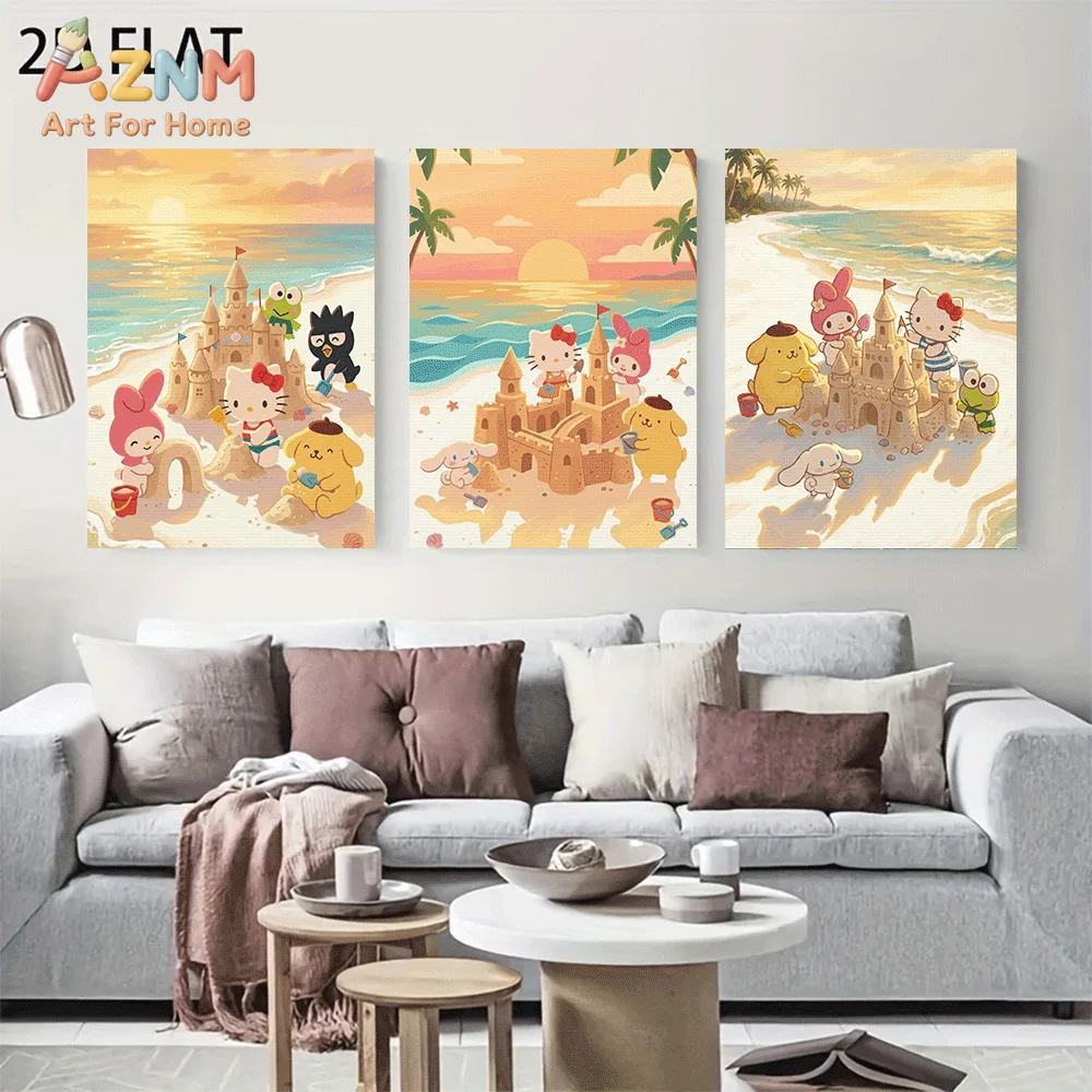 AZNM Cute Sanrio Hello Kitty Family Beach Sandcastle Canvas Wall Art Unframed Cartoon Sunset Seaside Painting for Kids Room Home