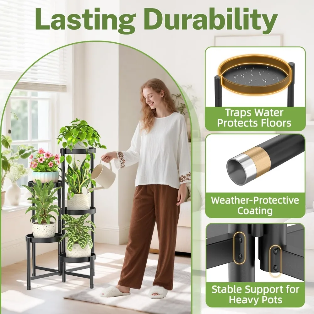 حامل نباتات معدني بزاوية 5 طبقات، رف قابل للطي قابل للتعديل للاستخدام الداخلي والخارجي، أسود #5