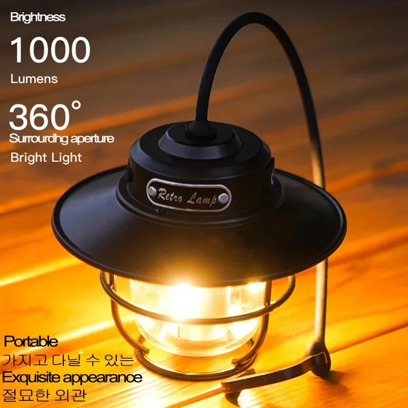 Portable Camping Lamp Stepless Dimming Lantern USB Charging Retro LED Hanging Lamp Tent Light for Camping Outdoor Lighting