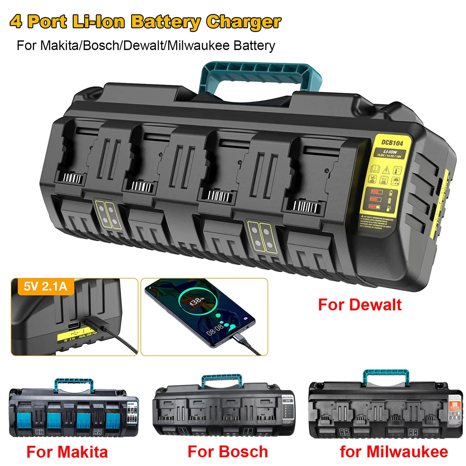 

NEW 4 Port Li-Ion Battery Charger For Makita/Bosch/Dewalt/Milwaukee 14.4V 18V 20V DCB104 BL1830 AL1860 M18 DC18SF BS1418