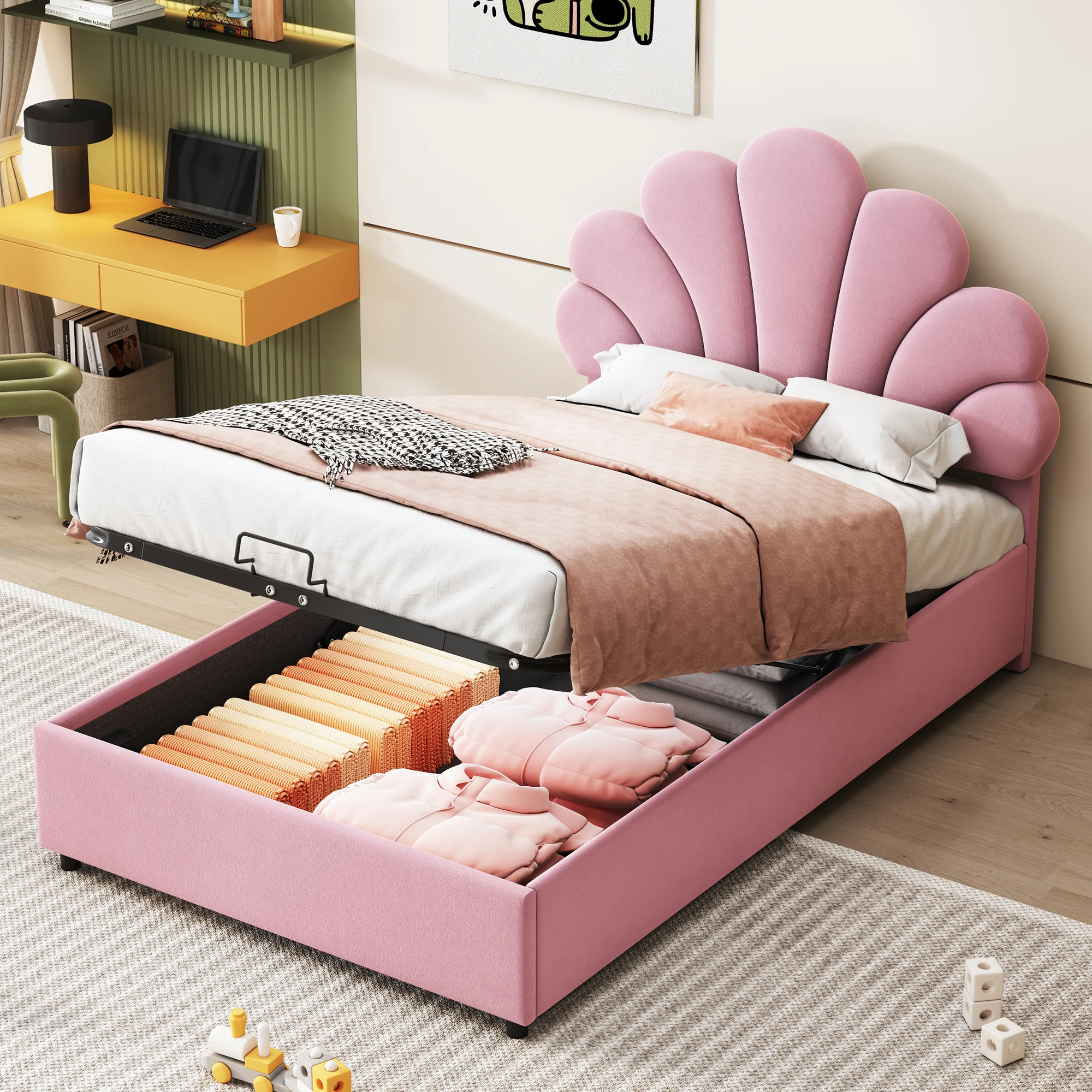 Cama infantil de 90x200 cm con almacenamiento, cabecero ajustable y almacenamiento hidráulico, terciopelo sin colchón, rosa