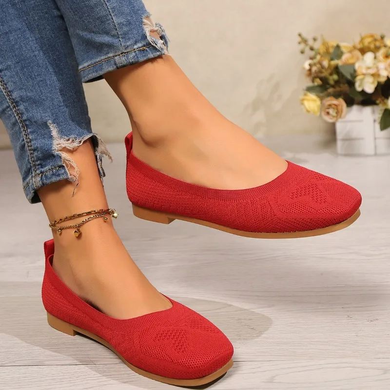 

Spring New Flat Shoes Women's Square Head Shallow Mouth Mesh Cloth Breathable Soft Sole Anti-slip Wear-resistant Single Shoes