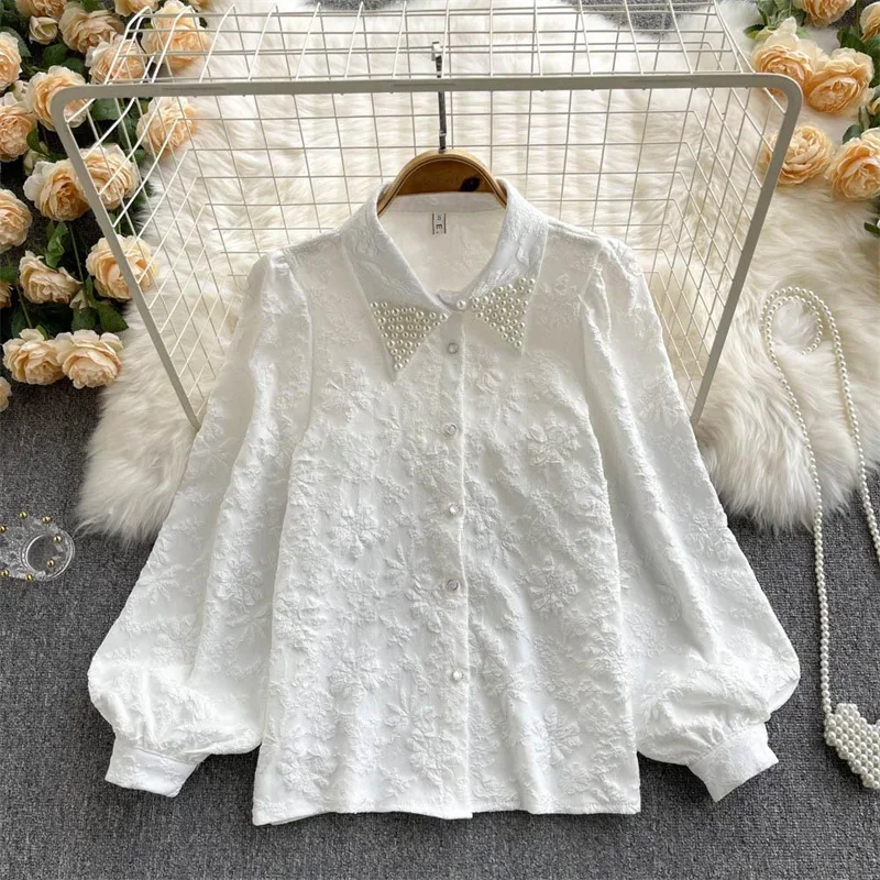 

Vintage Pearl Lapel Flower Embroidered Flares Polo-neck Women's Blouse Shirt Long Sleeve Breasted Loose Female Blouses X991