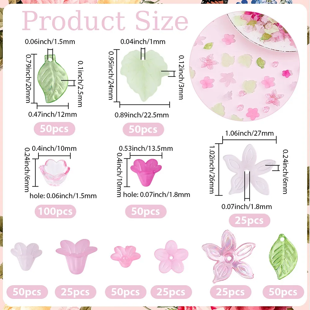 DIY Flower Leaf Findings Kits Including Acrylic Beads Pendants Acrylic Bead Caps Pink 26x27x6mm Hole: 1.8mm