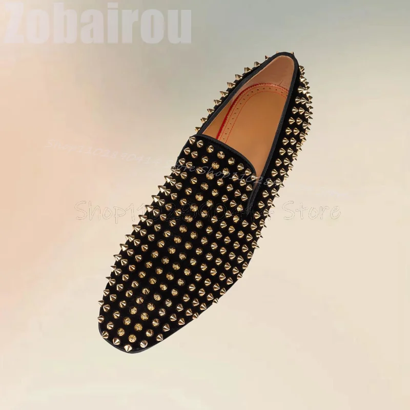 

Gold Spikes Decor Black Square Toe Men Loafers Fashion Slip On Men Shoes Luxurious Handmade Party Feast Banquet Men Dress Shoes