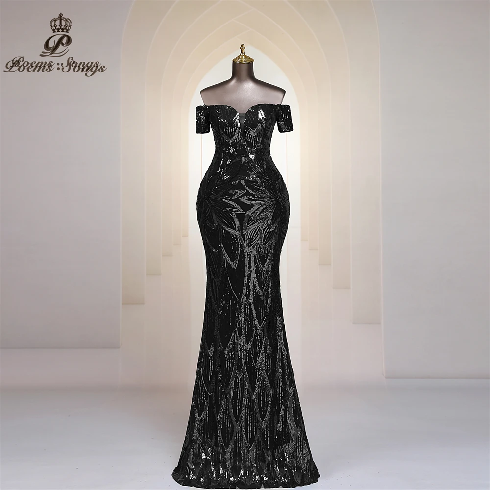 

Off Shoulder Mermaid Long Evening Dress For Women Floor Length Maxi Dress Black Sequins Long Prom Dresses Party