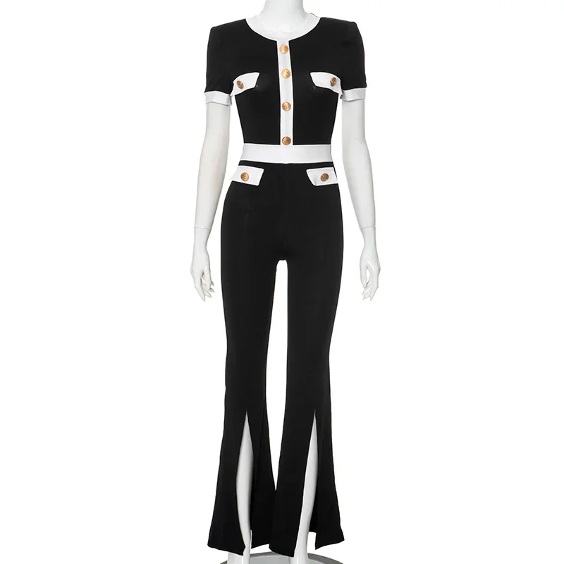 InsLucky Summer Office Lady Elegant Jumpsuits Women Sexy Back Hollow Out O Neck Button Flare Pants Trousers Patchwork Clothing