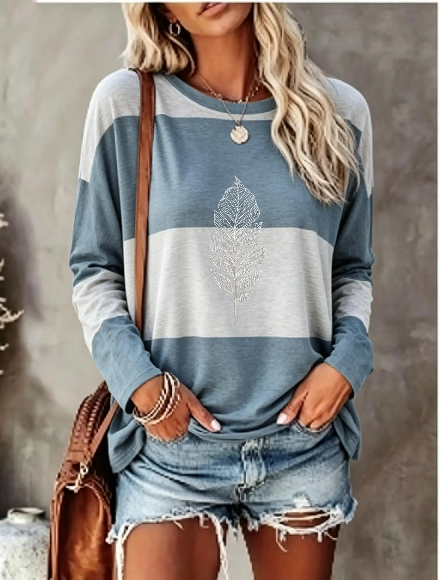Women Long Sleeve T Shirt Blue Gray Color Block Stripe Skeleton Leaf Print Crew Neck Casual Fall Tops