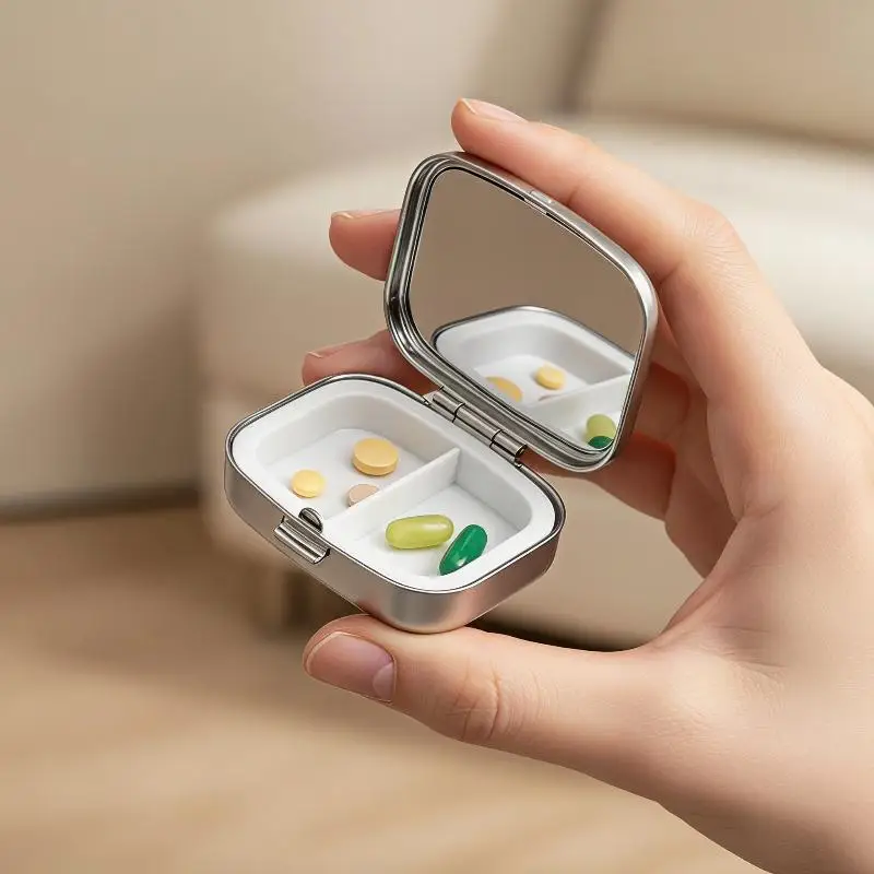 1Pcs Retro Sardine Print Metal Pill Box 2 Compartment Mini Organizer Women Travel Jewelry Medicine Candy Small Item Storage Case