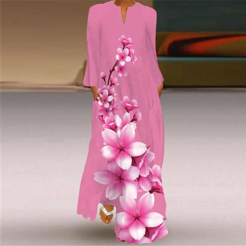 Women Long Dress Flower Printing Autumn Winter Vintage Long Sleeve V-neck Maxi Dress Elegant Ladies Long Dresses Female Vestidos