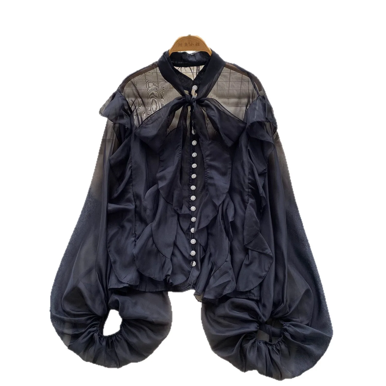 Women Ruffle Hem Shirt Sheer Mesh Shirts Solid Lace Up Long Puff Sleeves Round Neck Loose Fit Office Lady Casual 2025 Summer