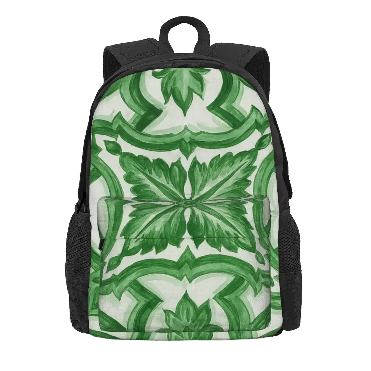Green Ornate Floral Mediterranean Sicilian Tile Backpack Daypack Large Capacity BookBag School Bag Shoulder Bags for Men Women