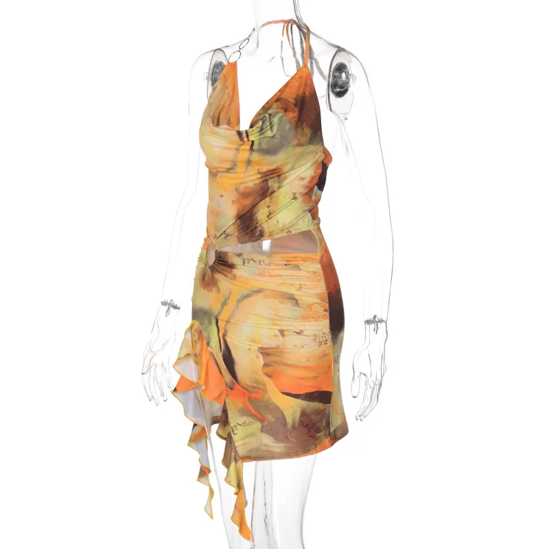 붕대 홀터넥 섹시한 Y2K 프린트 컷 아웃 파티 클럽 미니 프릴 드레스 여성 여름 넥타이 염료 백리스 스플릿 이브닝 드레스 의상