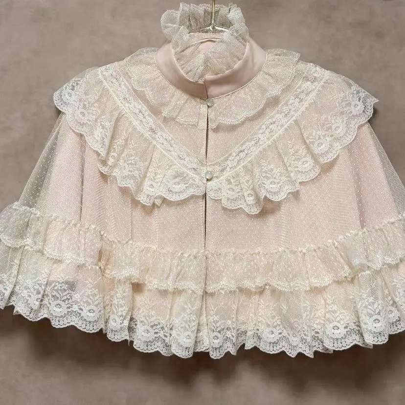 Retro Harajuku Lolita cloak Blouse Women Y2K Solid Color Lace Shirt Cute Bow Japanese Style Daily Streetwear