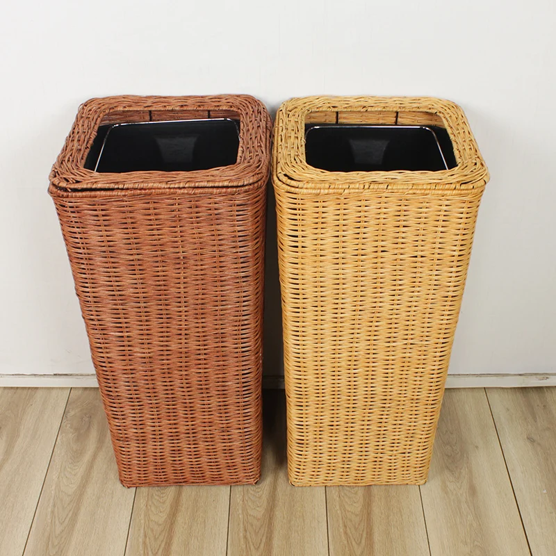 

Minimalist Office Waste Bin Square Bamboo Trash Can Open Top Desk Wastebasket Natural Woven Paper Basket for Living Room