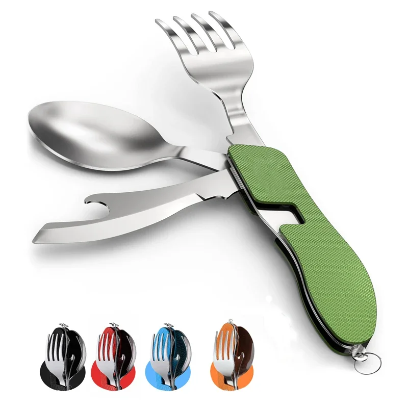 Camping Fork Spoon Knife 4 In 1 Foldable Tableware Set Stainless Steel Tablespoon Portable Spoon Set Bottle Opener For Outdoor