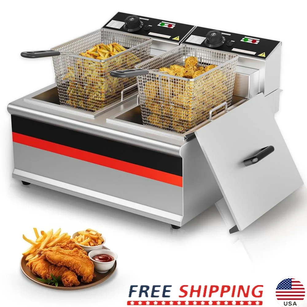 Commercial Electric Deep Fryer 6000W Dual Tank Professional Stainless Steel Countertop Fryer with Baskets Temperature Control