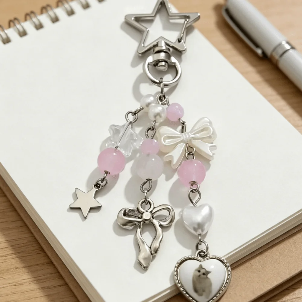 Niche Flower Y2K Fashion Keychain Lovely Strawberry Acrylic Keyring Star Handmade Beads Punk Bag Pendant Korean Fashion