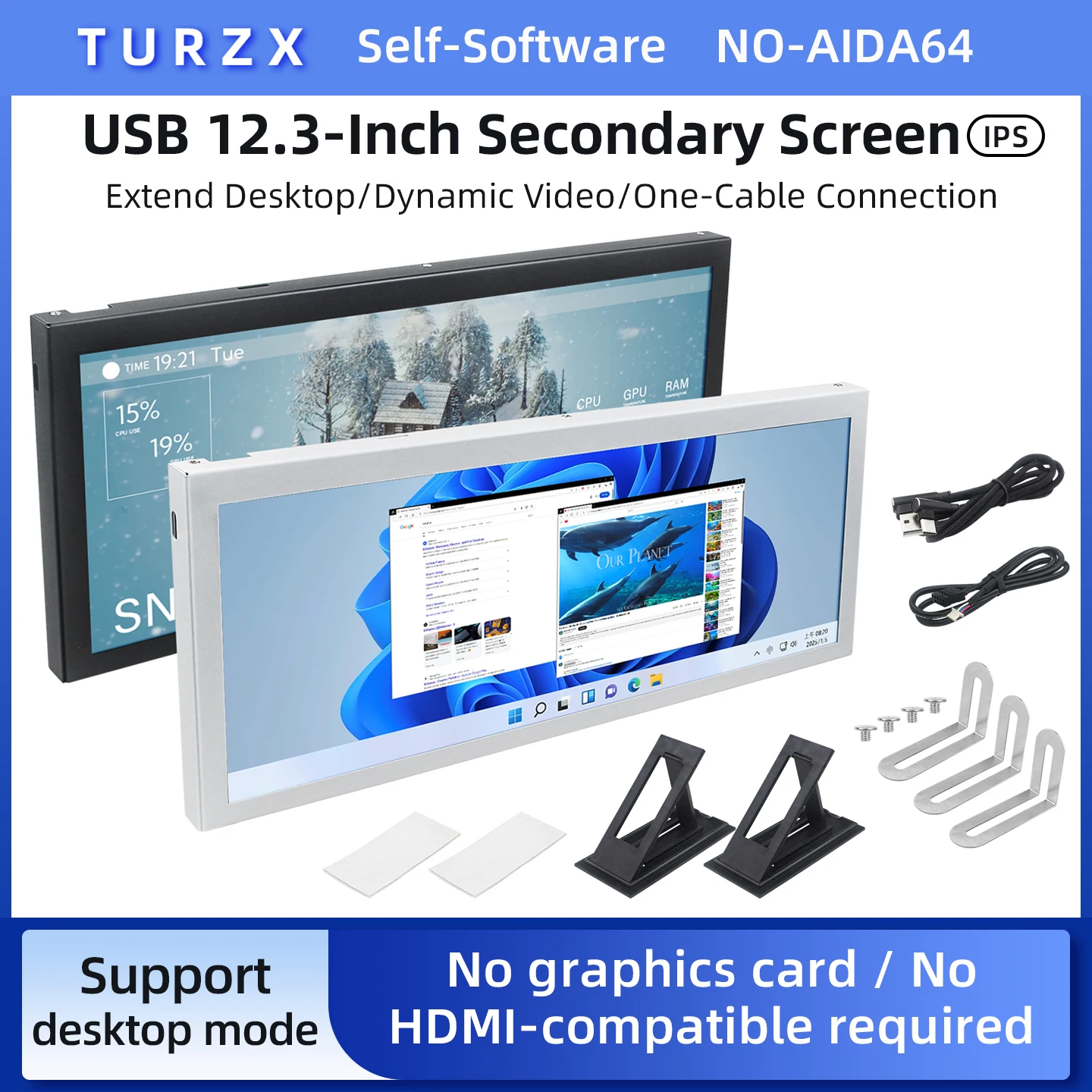 TURZX 12.3 Inch Secondary Screen USB 1920x720 IPS LCD Support Desktop Extend Mode Up to 256G TF Card Play Monitor Metal Shell