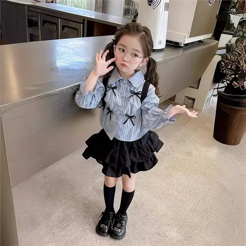 Baby Girl Bow Dress Outfit Autumn Kid Long Sleeves Striped Lapel Shirt+Tiered Ruffle Skirt 2Pcs/Set Toddler Princess Casual Wear