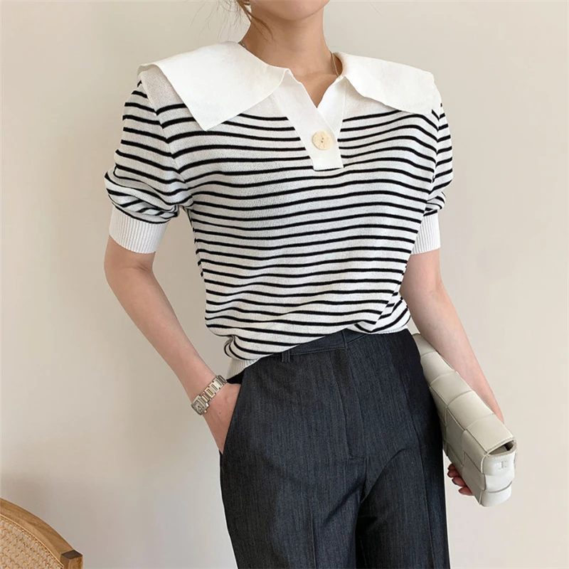 Female Fashion Short Sleeve Slim Turndown Collar Knitted Sweaters Women's Summer Striped Tops Vintage Loose All Match Pullover
