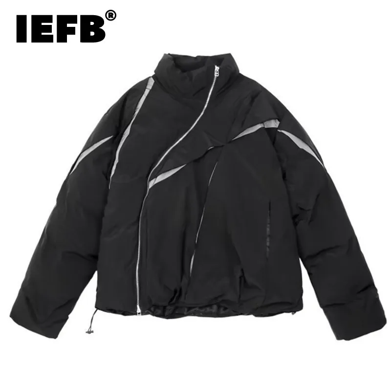 IEFB men wear Pleated padded jacket stand collar Diagonal zipper design 2024 winter contrast color male cotton jackets 9C8905