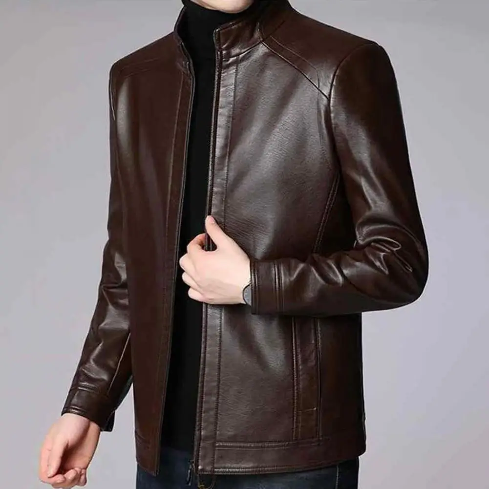 Zipper Placket Men Jacket Stylish Men's Faux Leather Jacket with Plush Lining Business Coat with Zipper Placket Stand for Men