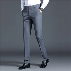 Pantalones rectos de traje para hombre, pantalones de vestir informales inteligentes, pantalones de traje formales elásticos delgados de Color sólido, ropa para las cuatro estaciones