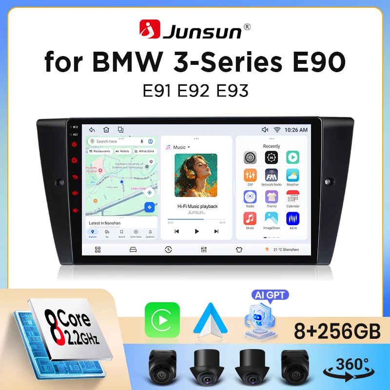 Autoradio Junsun sans fil CarPlay Android Auto pour BMW Série 3 (E90/E91/E92/E93) 2005-2013 avec ventilateur de refroidissement intégré, navigation GPS Android, lecteur multimédia, WiFi, DSP, RDS, BT, SWC, écran tactile IPS, autoradio, lecteur vidéo, unité principale, stéréo