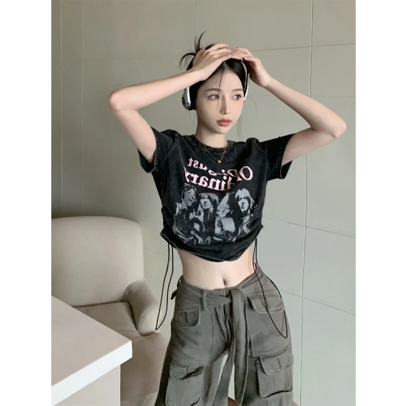 American Retro ort Sve T-irt Donna Estate Nuovo Design Sensuale Ombelico Esposizione ort Sle Top Coreano Sle rotondo...
