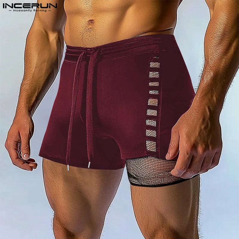 INCERUN Mode Mannen Shorts Mesh Patchwork Trekkoord Joggers Hol Sexy Mannelijke Shorts 2025, See Through Streetwear Mannen Bodems