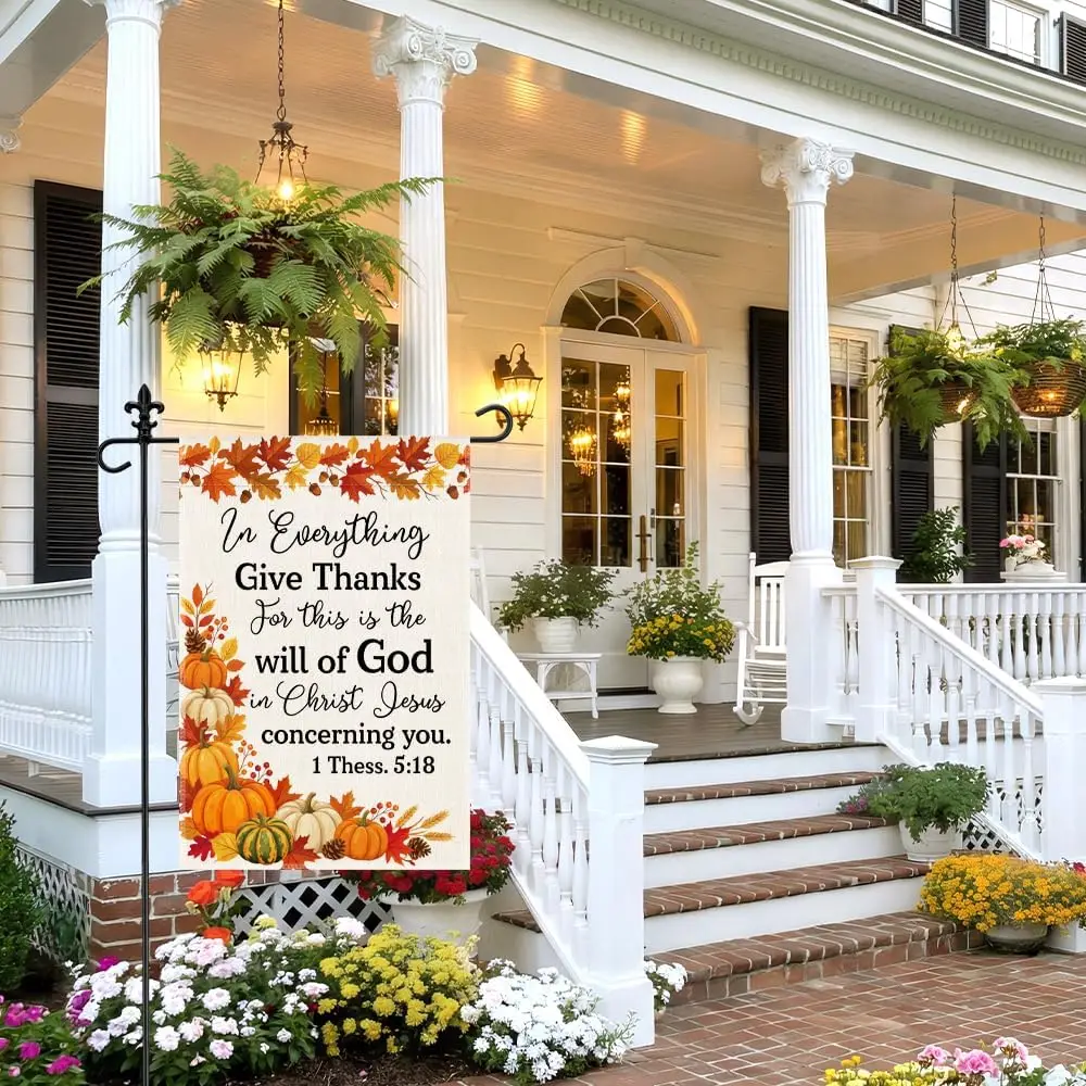 Give Thanks Garden Flag Christian Fall Decor 1 Thess 5:18 Bible Verse, 12x18 Inch Double Sided Pumpkin Autumn Yard Flag, Rel kkz