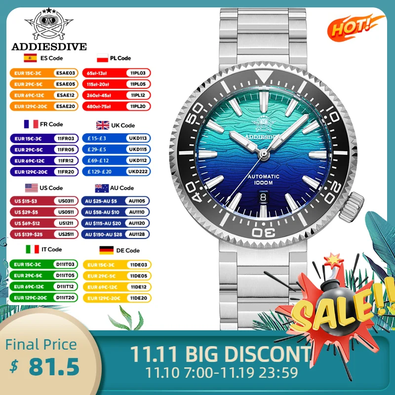 Addiesdive 1000 متر غواص ساعة فاخرة الياقوت الجبل الملمس ساعات أوتوماتيكية BGW9 مضيئة ﻿ ساعة ميكانيكية جديدة للرجال AD2526