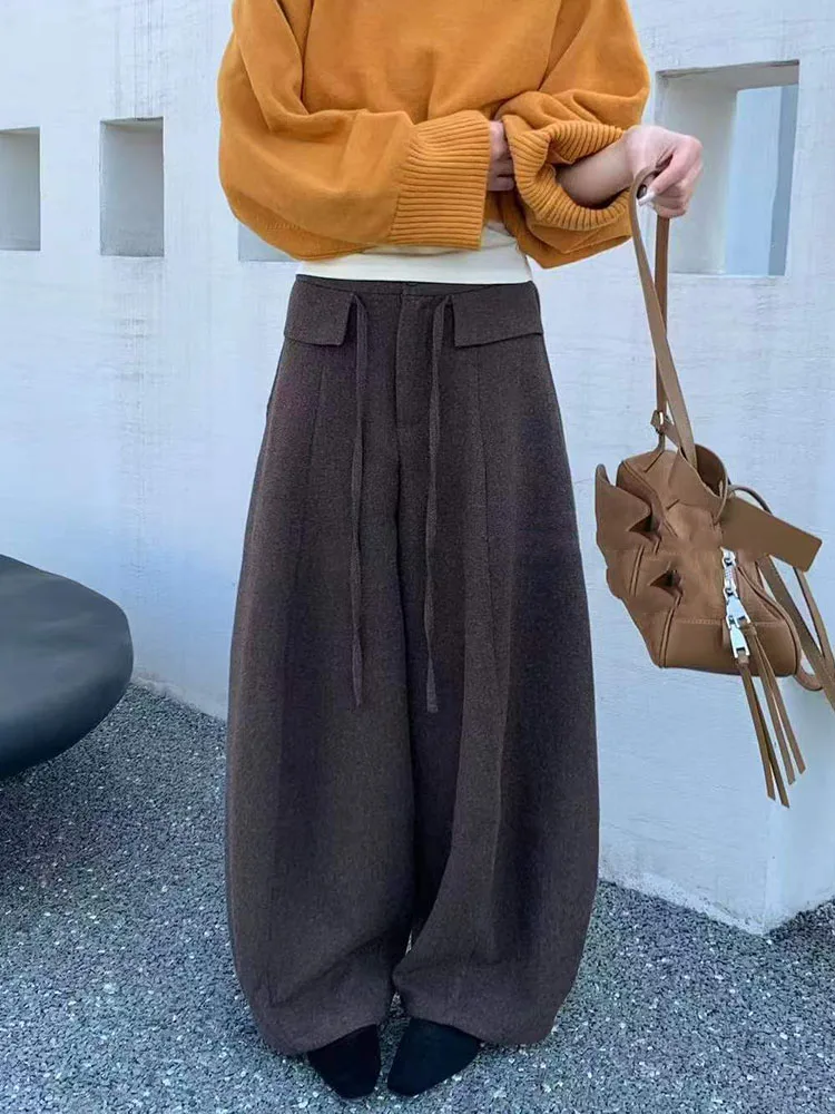 Deep ey Thiened Fce Pantalones casuales para mujer Dstring Pantalones de pierna recta de cintura alta Commute Sle Faion coreano