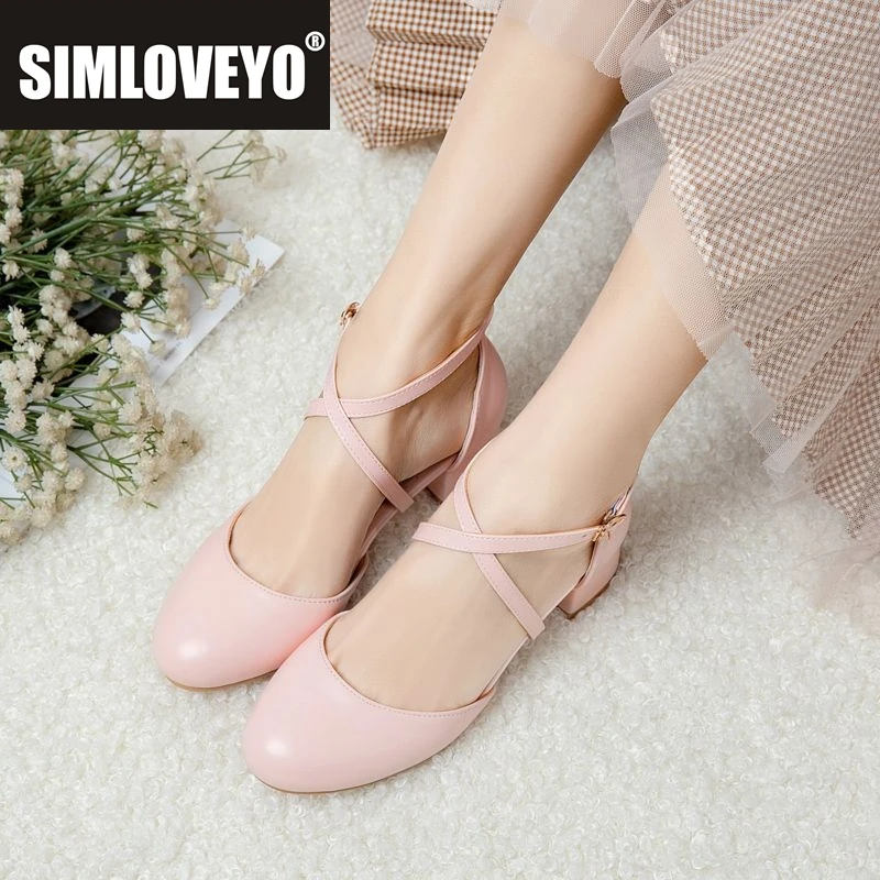 

SIMLOVEYO 2025 милые женские сандалии принцессы Мэри Джейн с круглым носком на толстом каблуке 4 см с пряжкой, большой размер 46 47 48 Туфли для свиданий